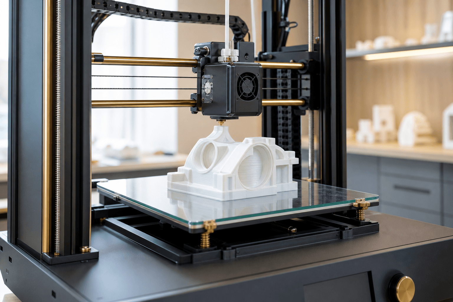 FDM 3D printer building a precision mechanical prototype on the build plate